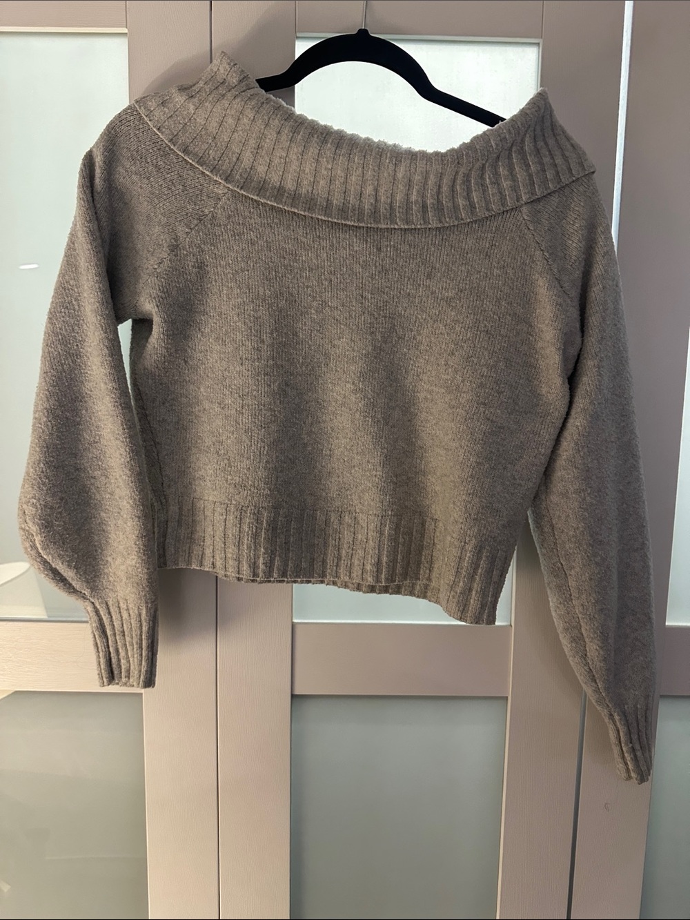 Hollister Off-Shoulder Ribbed-Neck Sweater in Taupe